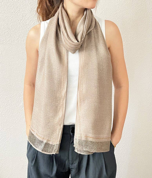 Beige Shimmering Striped Silk Blend Wrap Scarf