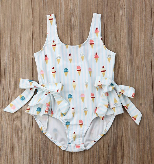 Ice Cream Bowknot Ruffled Light Blue 1pcs Girl Swimsuit